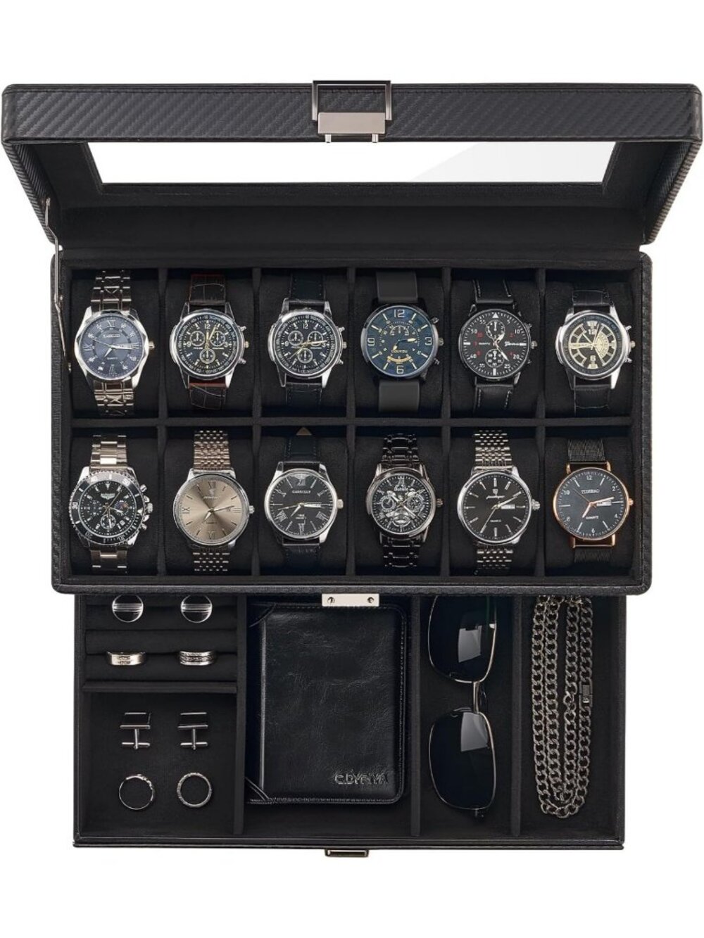 Stylish 12-Slot Watch Box for Men - Jewelry Organizer with Drawer & Glass Lid